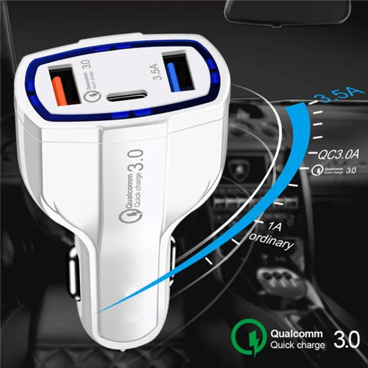 3 Ports Fast Car Charger Type C And USB Charger QC 3.0